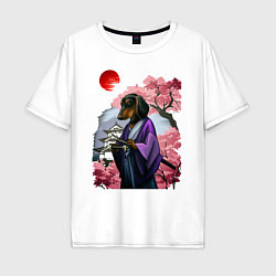 Мужская футболка оверсайз Такса-Самурай весенняя на фоне сакуры