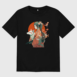 Футболка оверсайз мужская Аниме девочка - кошка и волк, цвет: черный