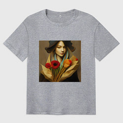 Мужская футболка оверсайз Девушка с цветами в стиле экспрессионизм, дизайн 1