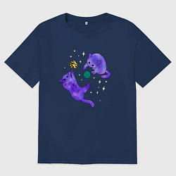 Футболка оверсайз мужская Космические коты, играющие планетами, цвет: тёмно-синий