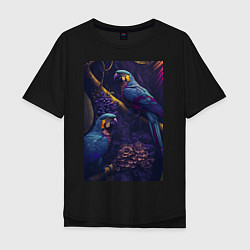 Футболка оверсайз мужская Разноцветные попугаи, цвет: черный