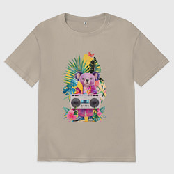 Мужская футболка оверсайз Розовая коала с бумбоксом и тропическими листьями