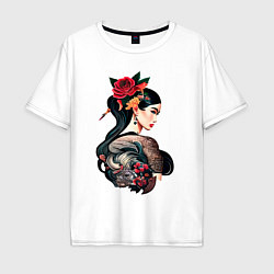 Футболка оверсайз мужская Irezumi tattoo стиль девушка лотос, цвет: белый