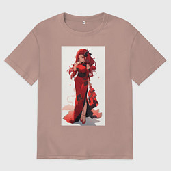 Футболка оверсайз мужская Рыжая девушка в красном платье, цвет: пыльно-розовый