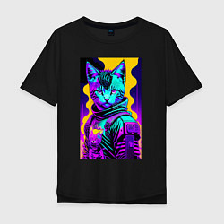 Мужская футболка оверсайз Прикольный неоновый котёнок - киберпанк