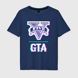 Футболка оверсайз мужская GTA в стиле glitch и баги графики, цвет: тёмно-синий