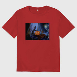 Футболка оверсайз мужская Halloween Cat with Pumpkin, цвет: красный