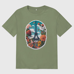 Футболка оверсайз мужская Эйфелева башня в цветах, цвет: авокадо