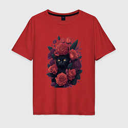Футболка оверсайз мужская Черный кот в цветах, цвет: красный