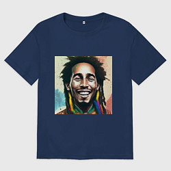 Футболка оверсайз мужская Боб Марли полон счастья Арт новой школы, цвет: тёмно-синий