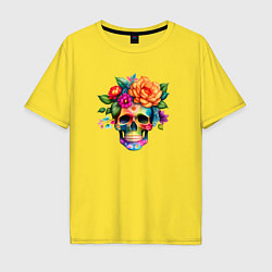 Мужская футболка оверсайз Череп с цветами в мексиканском стиле