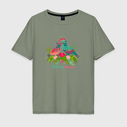 Мужская футболка оверсайз Влюбленные попугаи среди тропических листьев