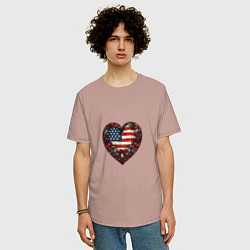 Футболка оверсайз мужская Сердце с цветами флаг США, цвет: пыльно-розовый — фото 2