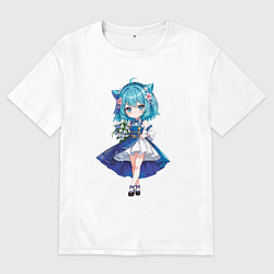 Мужская футболка оверсайз Аниме девушка-кошка в синем платье с букетом цвето