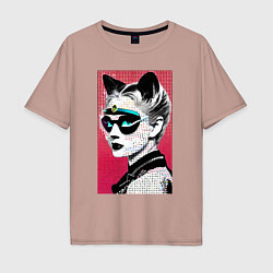 Футболка оверсайз мужская Cat girl in a mask - neural network - pop art, цвет: пыльно-розовый