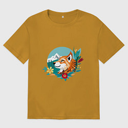 Футболка оверсайз мужская Лиса и горы среди цветов, цвет: горчичный