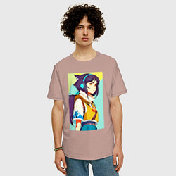 Футболка оверсайз мужская Девчонка-волчонок в наушниках - аниме - нейросеть, цвет: пыльно-розовый — фото 2