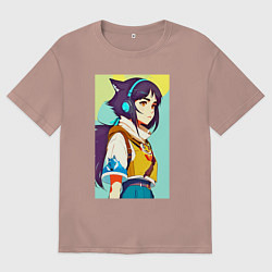 Футболка оверсайз мужская Девчонка-волчонок в наушниках - аниме - нейросеть, цвет: пыльно-розовый