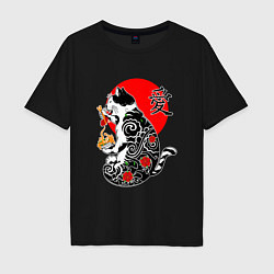 Футболка оверсайз мужская Котик - якудза и иероглиф, цвет: черный
