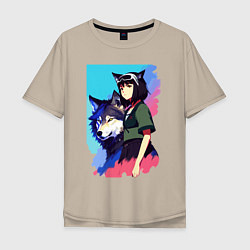 Мужская футболка оверсайз Девчонка со своим другом волком - аниме