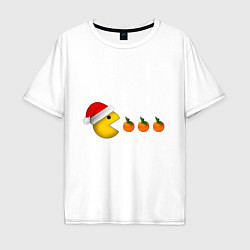 Мужская футболка оверсайз Новогодний пэкмэн с мандаринами
