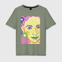Мужская футболка оверсайз Женский портрет с полевыми цветами