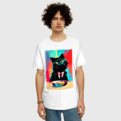 Футболка оверсайз мужская Чёрный котик джентльмен - нейросеть, цвет: белый — фото 2