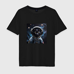 Мужская футболка оверсайз Черный котик космонавт