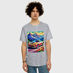 Футболка оверсайз мужская Авто на фоне гор, цвет: меланж — фото 2