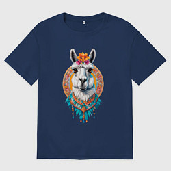 Футболка оверсайз мужская Красивая лама с цветами и перьями, цвет: тёмно-синий