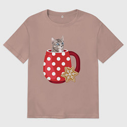 Футболка оверсайз мужская Котик в новогодней кружке, цвет: пыльно-розовый