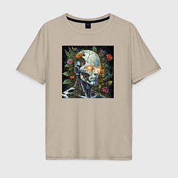 Футболка оверсайз мужская Киборг с треснувшей головой и растениями, цвет: миндальный