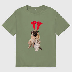 Мужская футболка оверсайз Мопс с ушками и котёнок