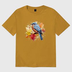 Футболка оверсайз мужская Птичка и осенние листья, цвет: горчичный
