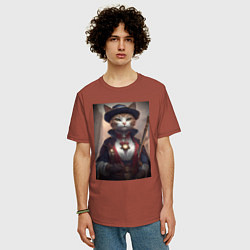 Футболка оверсайз мужская Элегантная кошка самурай, цвет: кирпичный — фото 2