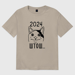 Футболка оверсайз мужская 2024 - мемный кот, цвет: миндальный