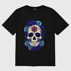 Футболка оверсайз мужская Череп с сининими розами, цвет: черный