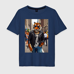 Футболка оверсайз мужская Cool tiger on the streets of New York - ai art, цвет: тёмно-синий