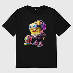 Мужская футболка оверсайз Губка Боб и улитка Гэри - киберпанк