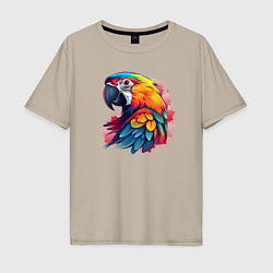 Футболка оверсайз мужская Яркий попугай на красных брызгах, цвет: миндальный