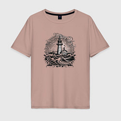 Футболка оверсайз мужская Море и маяк, цвет: пыльно-розовый
