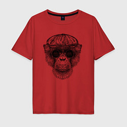 Футболка оверсайз мужская Шимпанзе в кепке и очках, цвет: красный