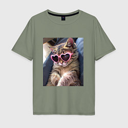 Мужская футболка оверсайз Милый мем-кот в очках в стиле аниме