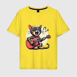 Мужская футболка оверсайз Забавный полосатый кот играет на гитаре