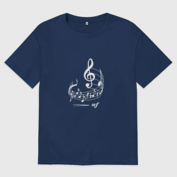 Футболка оверсайз мужская Музыкальные ноты на нотном стане, цвет: тёмно-синий