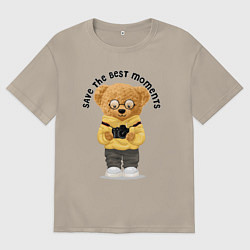 Футболка оверсайз мужская Плюшевый медвежонок с фотоаппаратом, цвет: миндальный