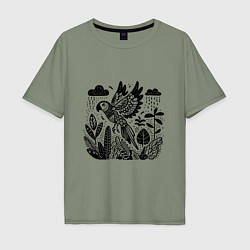 Мужская футболка оверсайз Летящий попугай и растения