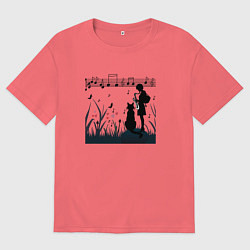 Мужская футболка оверсайз Девушка и кот или музыка для души