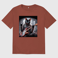 Мужская футболка оверсайз Чёрный котяра рок гитарист