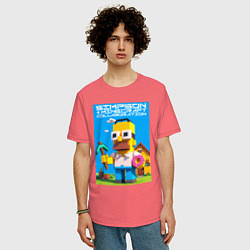 Футболка оверсайз мужская Homer Simpson and Minecraft - collaboration ai art, цвет: коралловый — фото 2